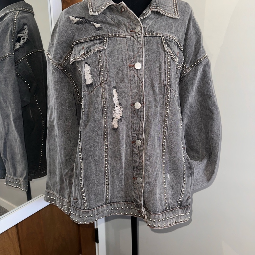 Glitz Distressed Gray Jean Jacket with Studded Details